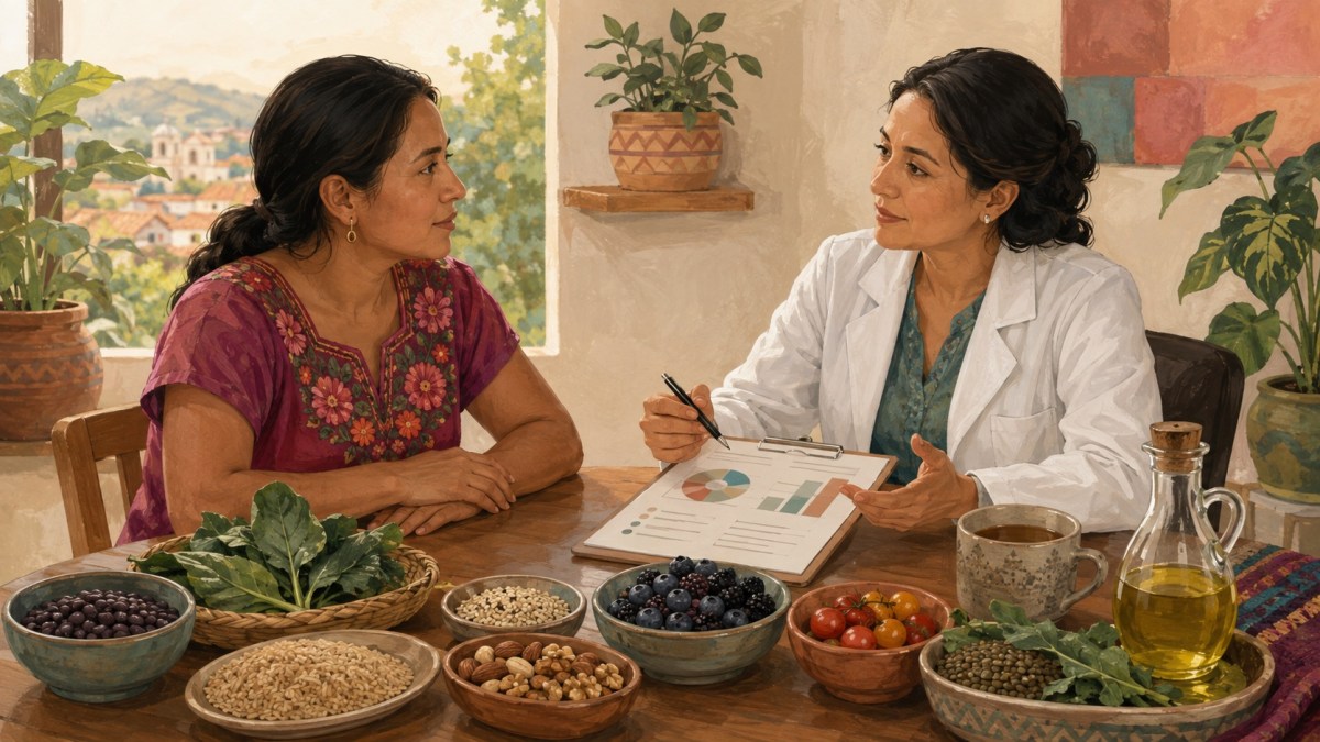 Ilustración de una entrevista de investigación sobre alimentación saludable y cáncer de mama en mujeres de Chiapas.