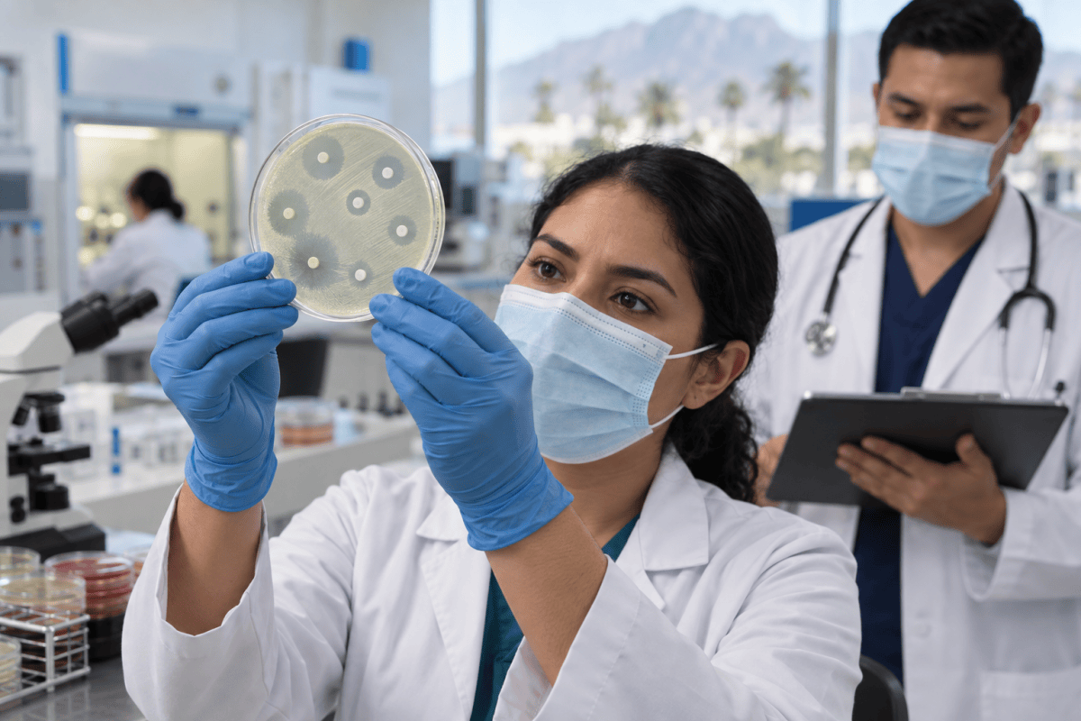 Profesional de microbiología analiza un antibiograma para vigilar la resistencia antimicrobiana en un hospital.