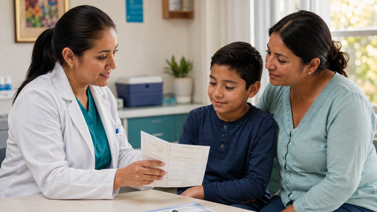 Profesional de salud revisa una cartilla de vacunación con una madre y su hijo en una clínica de México.