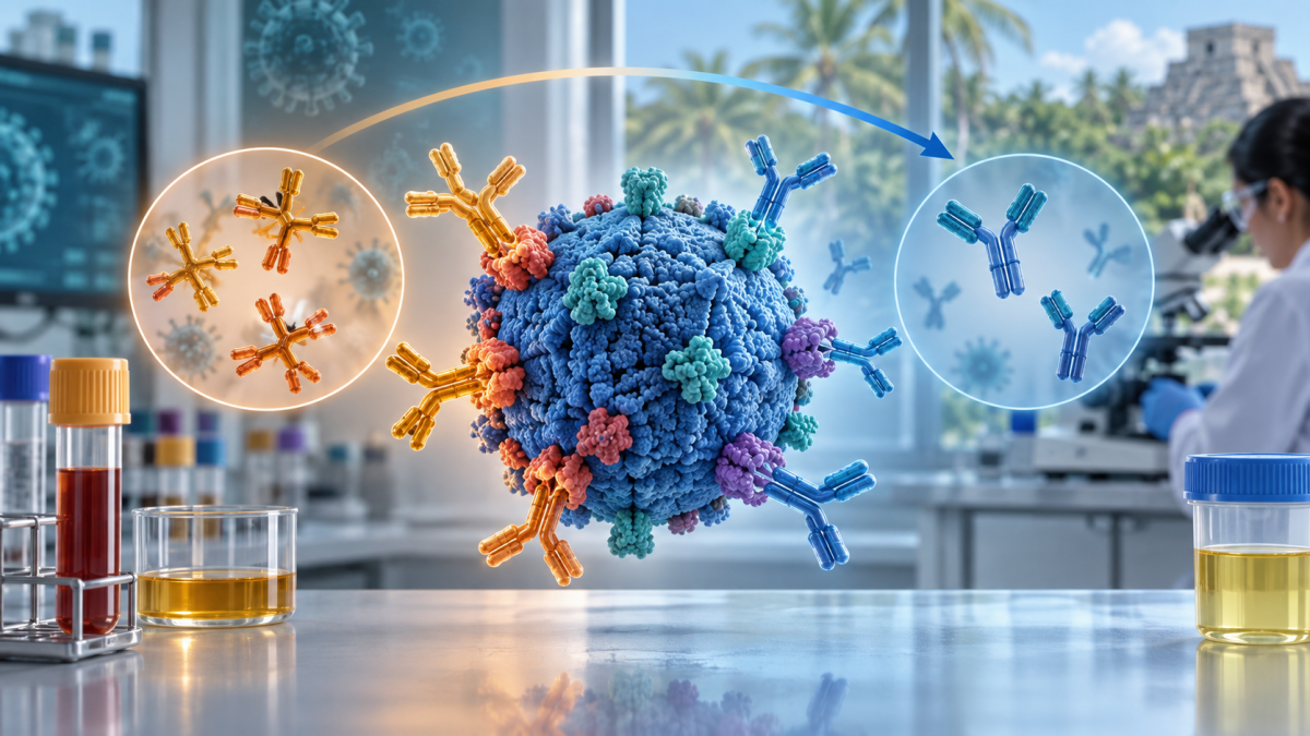 Ilustración de anticuerpos frente al virus del Zika en muestras de sangre y orina, con un laboratorio al fondo.