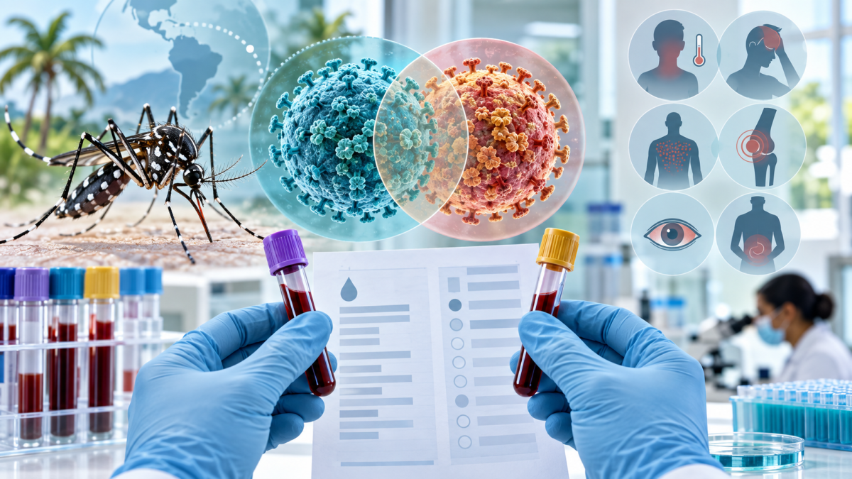 Mosquito Aedes aegypti, dos virus superpuestos y muestras de sangre que representan la dificultad de distinguir Zika y dengue sólo por los síntomas.