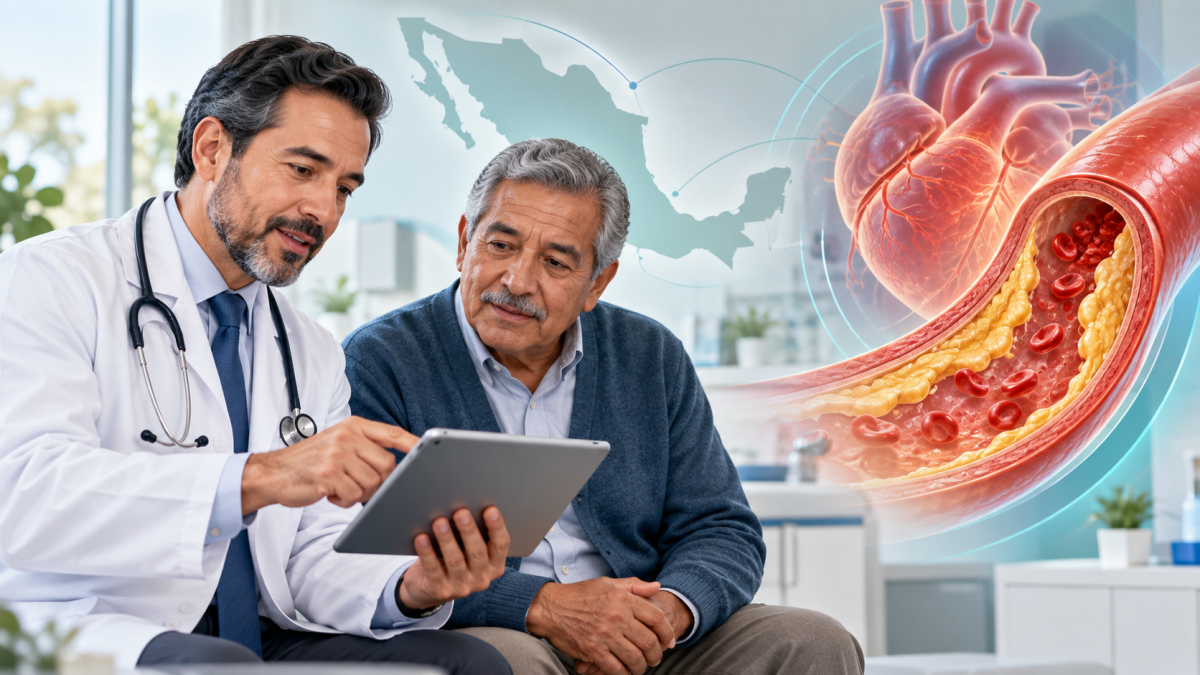Médico y paciente revisan el control del colesterol LDL, con una ilustración del corazón y una arteria.