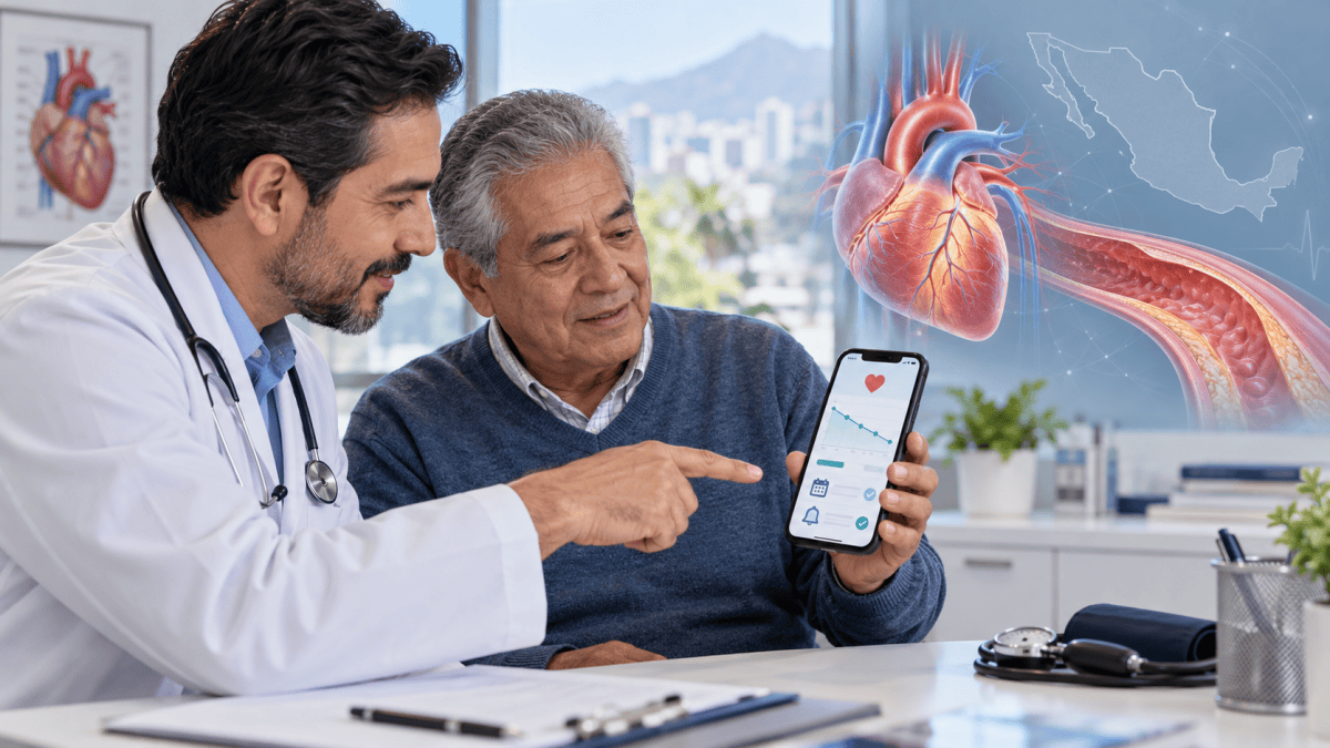 Médico y paciente revisan en un teléfono el seguimiento del colesterol LDL, junto a ilustraciones del corazón, una arteria y el mapa de México.